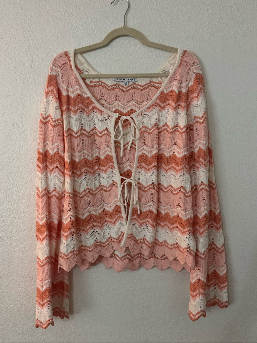 Celebrity Pink Peach & Cream Crochet Tie-Front Cardigan